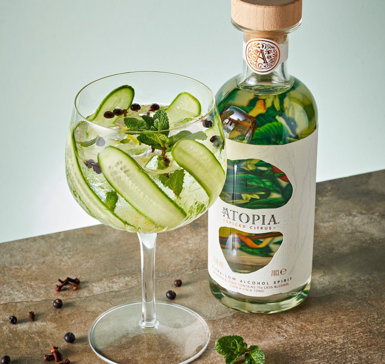 Kruidige, alcoholvrije gin-tonic met komkommer en munt.